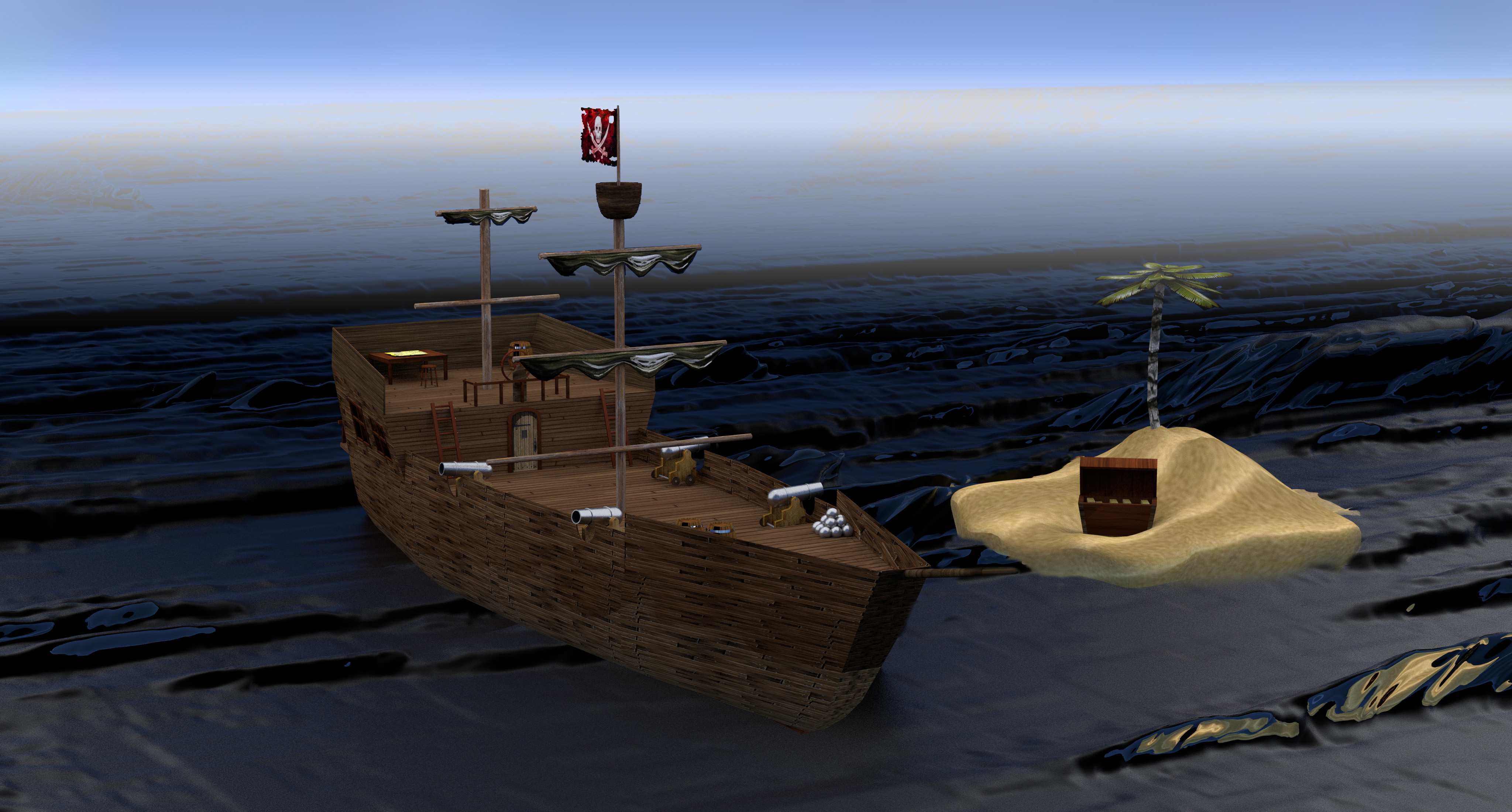 3D model of pirate ship and island made in Maya